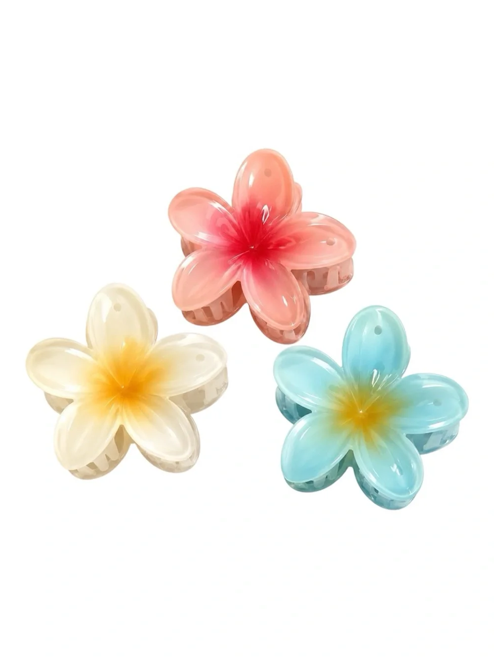 Set of 3 Large Tropical Flower Claw Clips Pink Blue Ivory